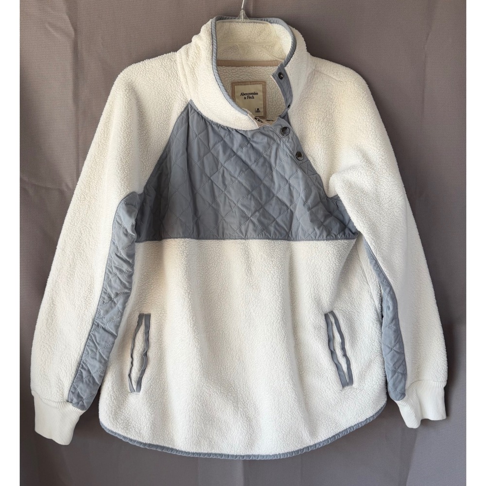 Abercrombie & Fitch Cozy Layering Fleece Pullover Cream Grey Quilted Snap Medium